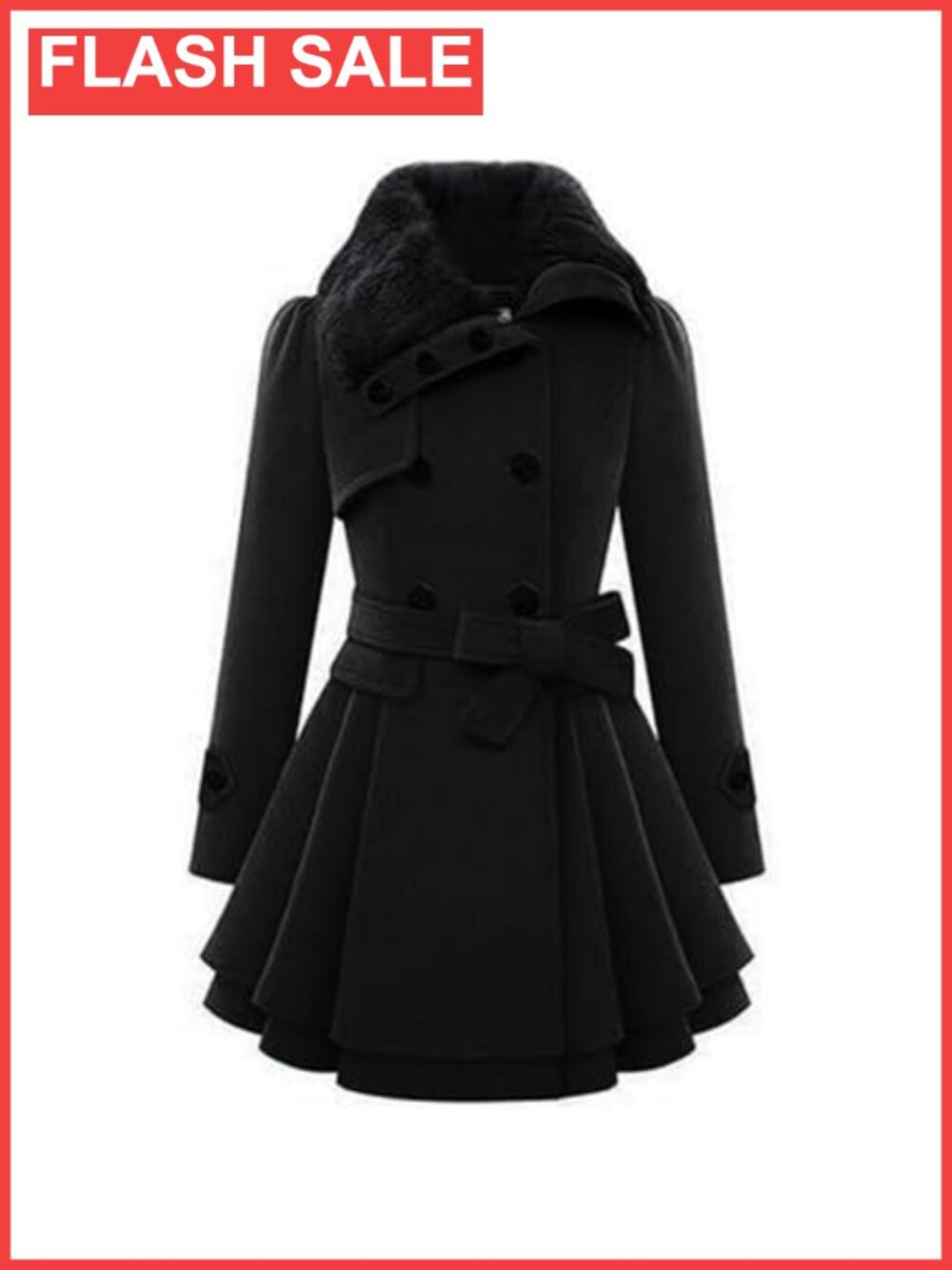 Women Faux Fur Collar Double Breasted Belted Trench Coat